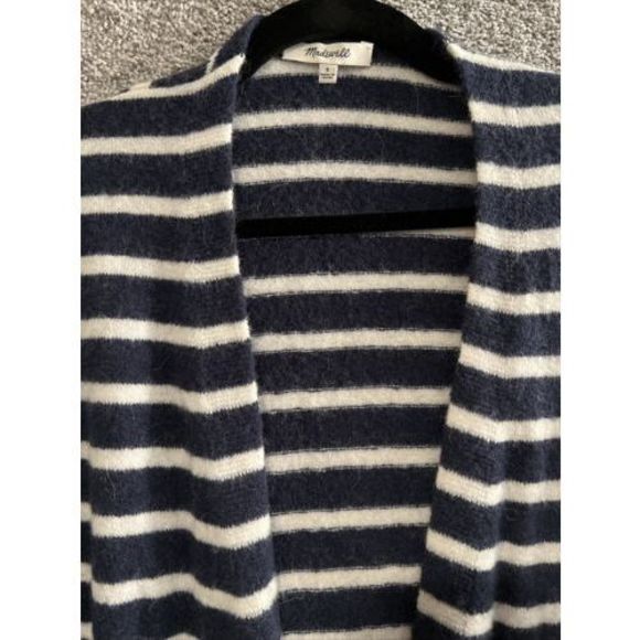 Madewell Cardigan Merino Wool Alpaca Small Cozy Sweater Open Front Navy Stripe - Picture 2 of 9
